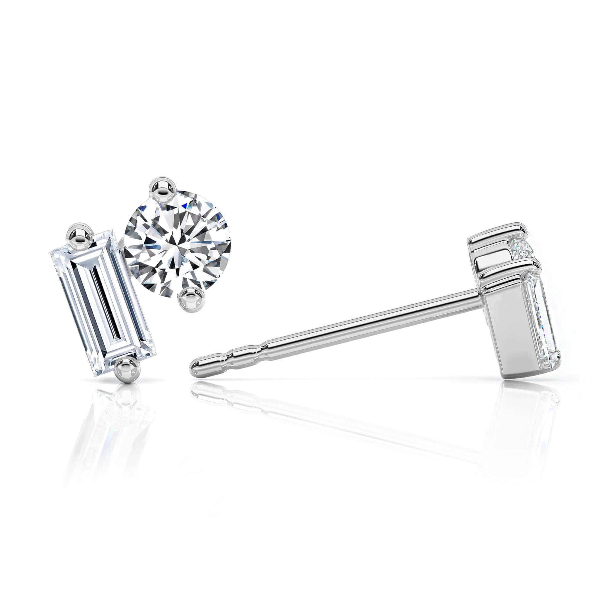 Round Brilliant & Baguette Diamond Studs Earrings